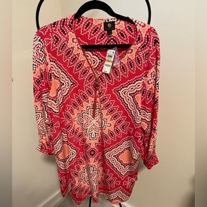 JM Collection Red and Pink Geometric Zip-Front Tunic Top